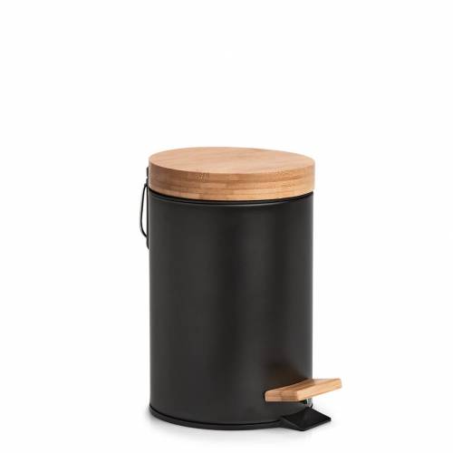 Cos de gunoi cu pedala pentru baie - din metal si bambus - Shade II Negru - O16 - 8xH24 cm