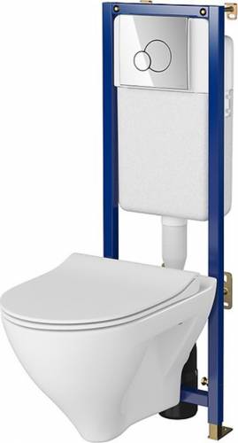 Set rezervor WC cu cadru B600 Cersanit Tech Line Base si clapeta Circle crom plus vas WC Mille cu capac alb