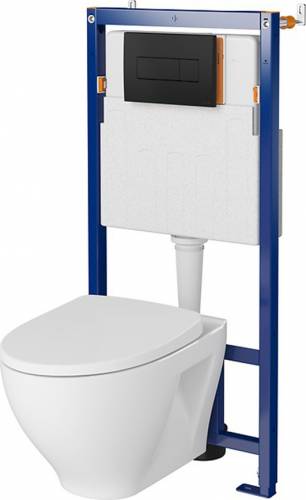 Set rezervor WC cu cadru B626 Cersanit Tech Line Opti si clapeta A1 negru plus vas WC Moduo cu capac alb