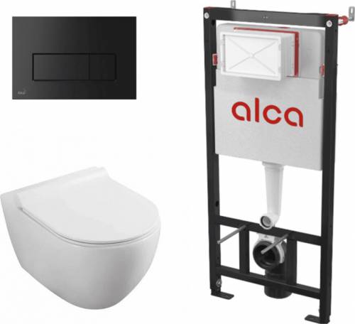 Set rezervor WC cu cadru incastrat Alcadrain AM101/1120 si clapeta M578 negru mat plus vas WC Fluminia Minerva cu capac softclose alb