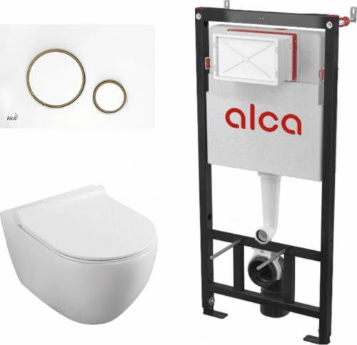 Set rezervor WC cu cadru incastrat Alcadrain AM101/1120 si clapeta M775 alb plus vas WC Fluminia Minerva cu capac softclose alb