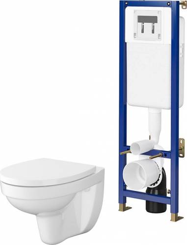 Pachet rezervor WC cu cadru incastrat Cersanit Tech Line Base B694 si clapeta de actionare Circle cu vas WC rimless alb
