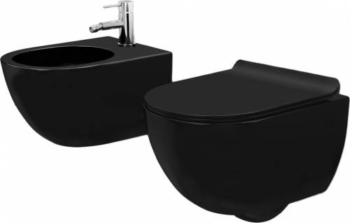 Set vas wc negru mat suspendat capac slim softclose si bideu Rea Carlo Mini