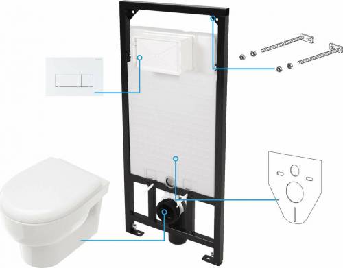 Set vas WC suspendat Deante Avis alb cu cadru de toaleta si rezervor ascuns