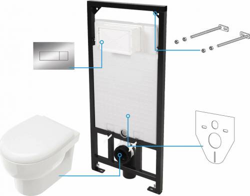 Set vas WC suspendat Deante Avis alb cu cadru de toaleta - rezervor ascuns si cu buton de actiune crom