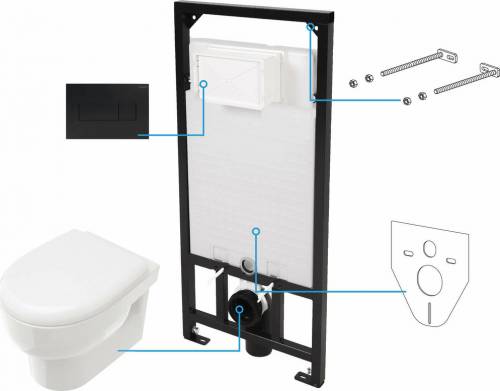 Set vas WC suspendat Deante Avis alb cu cadru de toaleta - rezervor ascuns si cu buton de actiune negru
