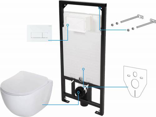 Set vas WC suspendat Deante Peonia Zero alb cu cadru de toaleta - rezervor ascuns si buton de actiune alb