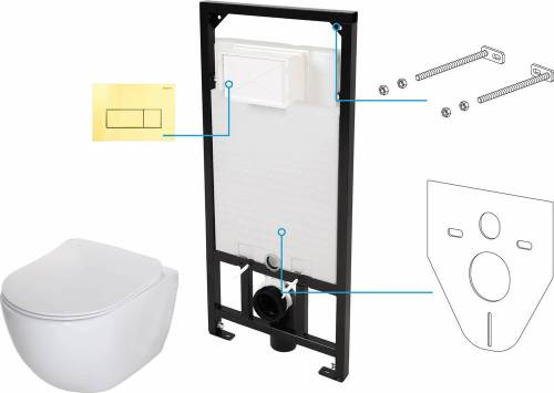 Set vas WC suspendat Deante Peonia Zero alb cu cadru de toaleta - rezervor ascuns si buton de actiune auriu