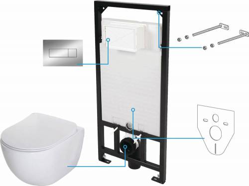 Set vas WC suspendat Deante Peonia Zero alb cu cadru de toaleta - rezervor ascuns si buton de actiune crom