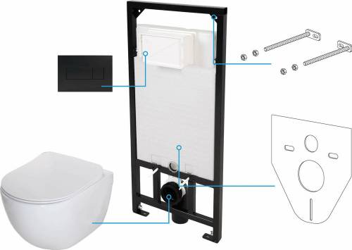 Set vas WC suspendat Deante Peonia Zero alb cu cadru de toaleta - rezervor ascuns si buton de actiune negru