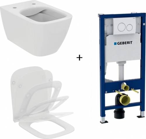 Set vas WC suspendat Ideal Standard Ilife B cu capac slim softclose si set rezervor cu cadru incastrat si clapeta alba
