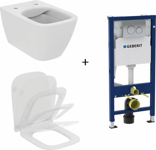 Set vas WC suspendat Ideal Standard Ilife B cu capac slim softclose si set rezervor cu cadru incastrat si clapeta crom