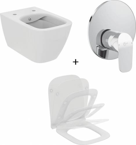 Set vas WC suspendat Ideal Standard Ilife B cu functie bideu alb plus capac slim softclose si baterie