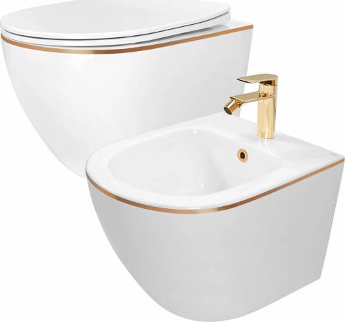 Set vas WC suspendat Rea Carlo alb - auriu cu capac softclose si bideu alb