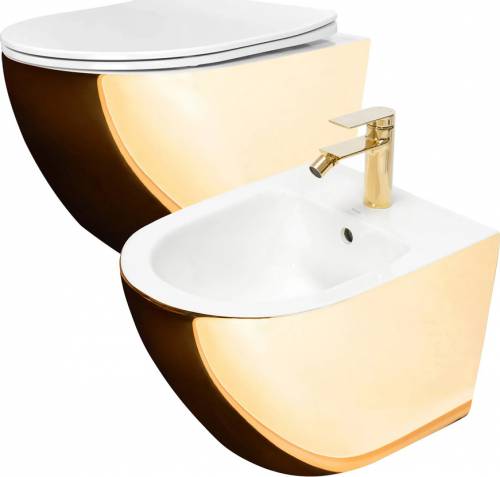 Set vas WC suspendat Rea Carlo auriu cu capac softclose alb si bideu alb
