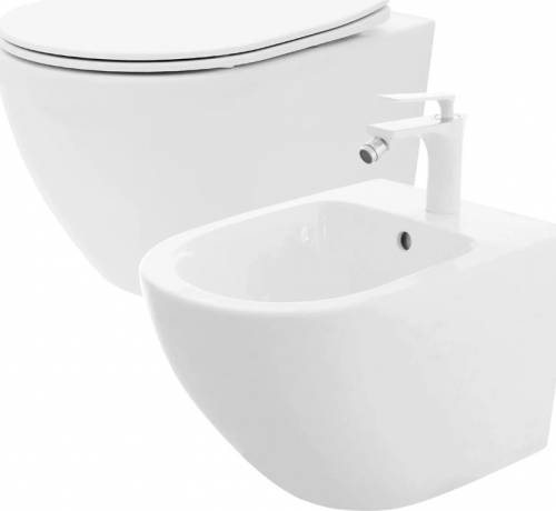 Set vas WC suspendat Rea Carlo Mini cu capac softclose si bideu alb