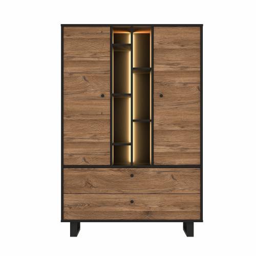 Cabinet din metal si pal - cu 2 sertare - 2 usi si LED inclus Sedna Tall Stejar / Negru - l104 - 9xA42xH157 cm