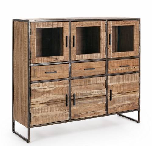 Cabinet cu vitrina din lemn de salcam si metal - cu 3 sertare si 6 usi - Elmer Natural - l135xA40xH120 cm