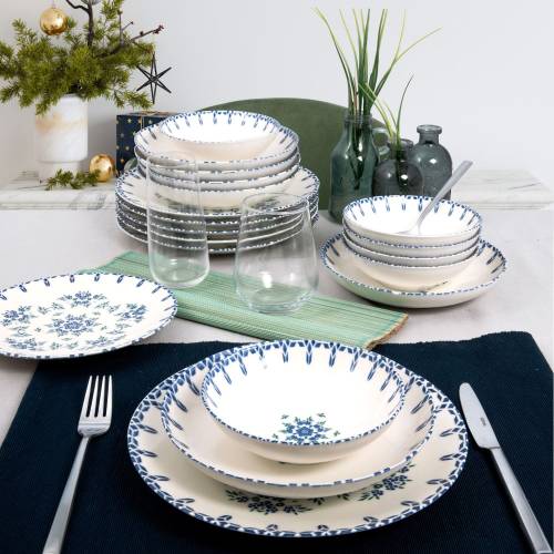 Set vesela din portelan - Floris Alb / Albastru - 24 piese