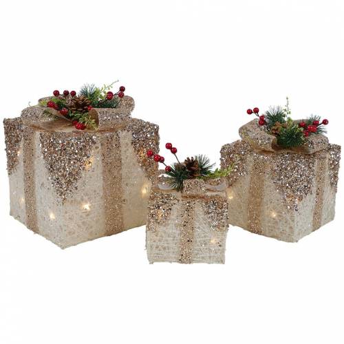 Set 3 decoratiuni de Craciun - Led Inclus - Giftbox Glitter Alb / Auriu - L25xl25xH30 / L20xl20xH25 / l15xl15xH20 cm