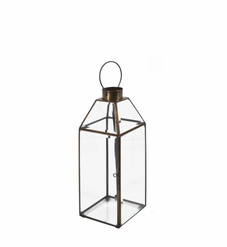 Felinar decorativ din sticla si metal - Rectangular Bezel Small Transparent / Alama - L11xl11xH30 cm