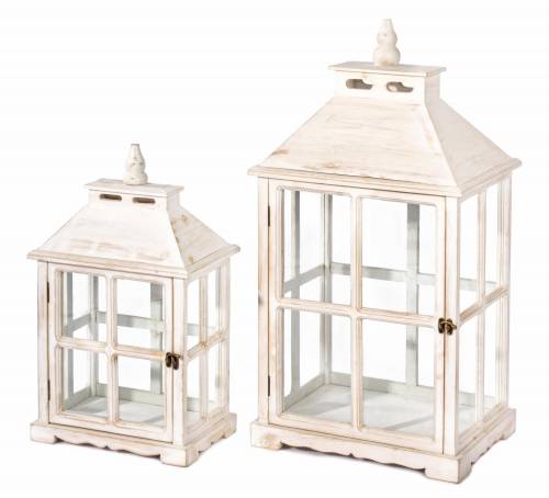 Set 2 felinare decorative din lemn si sticla - Window Alb Antichizat - L30xl20xH53 cm / L39xl28xH74 cm
