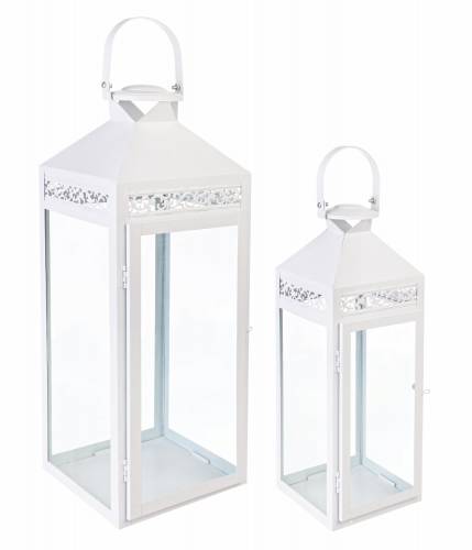 Set 2 felinare decorative din sticla si metal - Amarante Alb - L14 - 8xl14xH40 cm / L19 - 5xl18 - 5xH51 cm