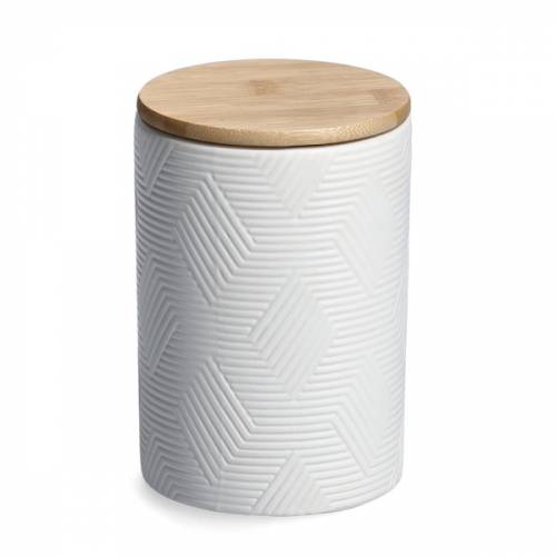 Recipient ceramic pentru depozitare - capac din bambus - Jar Alb - 720 ml - O 10xH15 cm