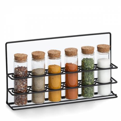 Set recipiente pentru depozitare condimente - cu suport metalic - Glass Negru / Natural - 7 piese