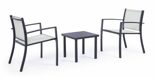 Set masa de cafea + 2 scaune pentru gradina / terasa - din sticla - material textil si metal - Auri Gri Deschis / Antracit - L45xl45xH38 cm