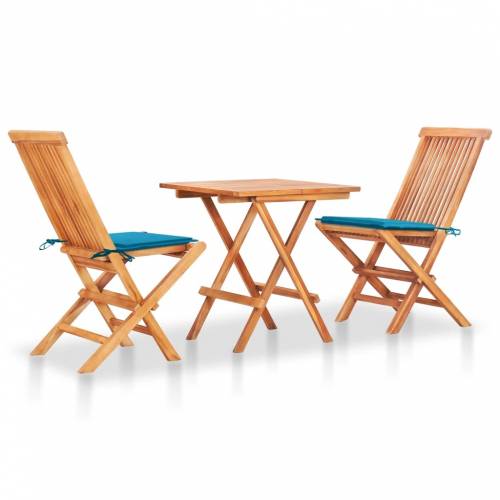 Set masa + 2 scaune pliabile pentru gradina / terasa - din lemn de tec - Arlo Natural / Albastru Deschis - L60xl60xH65 cm