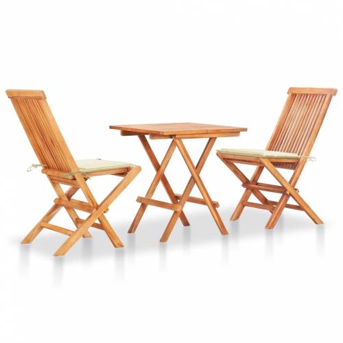 Set masa + 2 scaune pliabile pentru gradina / terasa - din lemn de tec - Arlo Natural / Crem - L60xl60xH65 cm