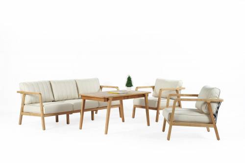 Set mobilier gradina / terasa Clivia Crem / Natural - masa + 2 fotolii + canapea 3 locuri