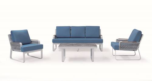 Set mobilier pentru gradina / terasa - Kontes Albastru / Alb - 2 fotolii + canapea 3 locuri + masa de cafea