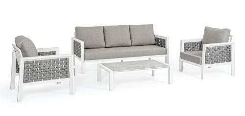 Set mobilier pentru gradina / terasa - Otavio Gri / Alb - 2 fotolii + canapea 3 locuri + masa de cafea