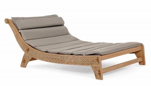 Sezlong pentru gradina / terasa - din lemn de tec si material textil - Sanur Grej / Natural - l140-150xA224xH91 cm