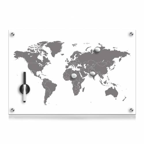 Memo Board din sticla cu 4 accesorii - Worldmap Alb - L60xl40 cm