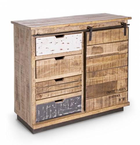 Comoda din lemn de mango si metal - cu 4 sertare si 1 usa - Tudor Natural / Alb / Gri - l90xA35xH85 cm
