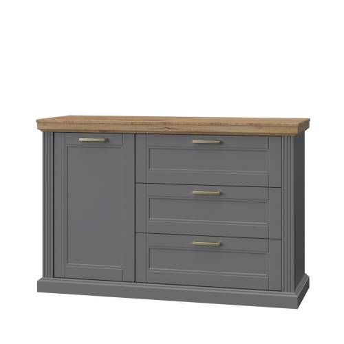 Comoda din pal - cu 1 usa si 3 sertare - Tara Small Grafit / Nuc Pacific - l138xA48xH91 cm