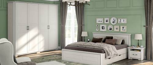 Set Mobila Dormitor din pal si MDF - cu pat 200 x 160 cm - 5 piese Evergreen Ivoir Mat / Pin Polar