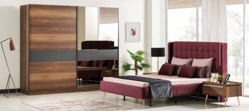 Set mobila dormitor din pal si metal - cu pat 200 x 160 cm - 6 piese Pietro Nuc / Auriu