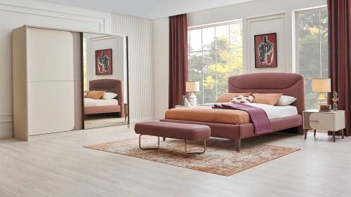 Set Mobila Dormitor din pal - cu pat 200 x 160 cm - 5 piese Nicole Crem / Somon Inchis