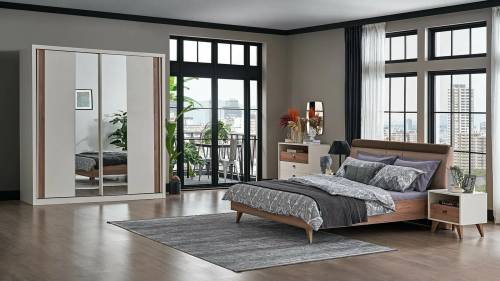 Set Mobila Dormitor din pal - cu pat 200 x 180 cm - 6 piese Mayer Alb / Natur