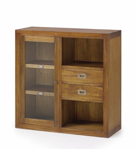 Cabinet cu vitrina - din lemn si furnir - cu 2 sertare si 1 usa - Star Combi Left Nuc - l90xA35xH90 cm