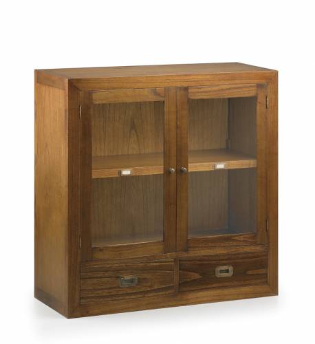 Cabinet cu vitrina - din lemn si furnir - cu 2 sertare si 2 usi - Star Combi Nuc - l90xA35xH90 cm