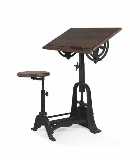 Masa pentru desen tehnic cu scaun inclus - din lemn si metal - inaltime reglabila - Pipa Architect Nuc / Negru - L80xl70xH78-103 cm