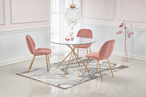 Set masa din sticla si metal Rondo Transparent / Auriu + 4 scaune tapitate cu stofa K381 Velvet Roz / Auriu - O110xH74 cm