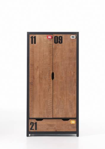 Dulap din lemn de pin si MDF cu 2 usi si 1 sertar - pentru copii Alex Natural / Negru - l100xA55xH200 cm
