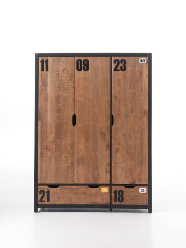 Dulap din lemn de pin si MDF cu 3 usi si 2 sertare - pentru copii Alex Natural / Negru - l147 - 5xA55xH200 cm