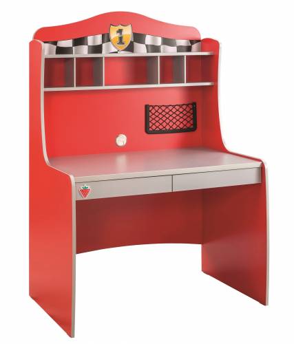 Masa de birou din pal - cu etajera si 2 sertare - pentru copii - Race Cup Rosu / Albastru deschis - L104xl68xH152 cm